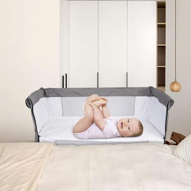 Дитяче ліжко Supfine Cododo 3-в-1 з матрацом та москітною сіткою, регульована висота, мобільна дитяча колиска для новонароджених/немовлят, ліжко Cododo з кошиком для зберігання (сірий лляний колір, 104 * 52 * 100-110 см) 104*52*100-110 см лляний сірий кол