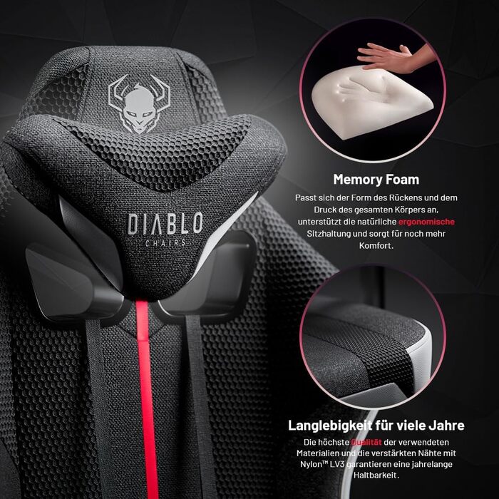 Ігрове крісло Diablo Fabric X-Player 2.0 - Широке сидіння - Ігрове крісло з 3D підлокітниками - Подушки для шиї/світлові подушки, функція гойдання - Офісне крісло 160 кг - Ергономічне ігрове крісло для ПК - King (XL) Біло-чорний King (XL)