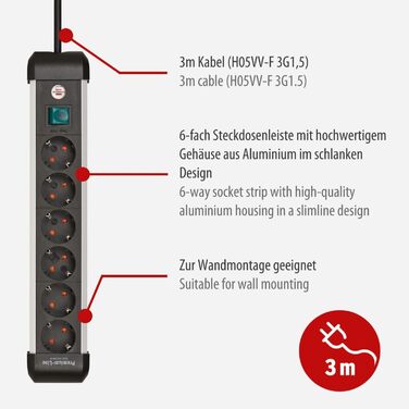 Розеткова планка Brennenstuhl Premium-Alu-Line 6-кратна/розеткова планка з високоякісного алюмінію (розетка на кілька розеток з ви