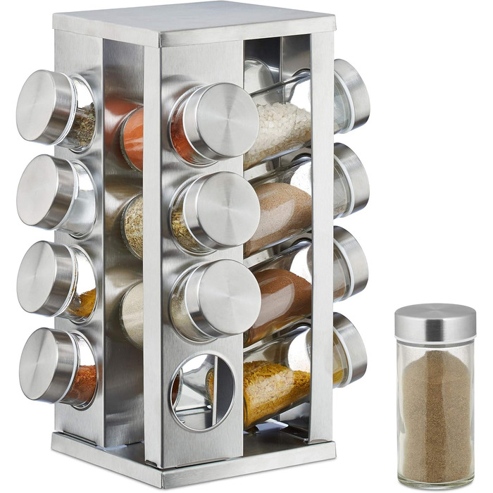 Карусель спецій Relaxdays з 16 баночками для спецій, що обертається на 360, прозорі банки для спецій для посипання, нержавіюча ста