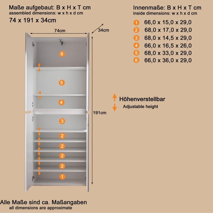 Дзеркало - Шафа - Біла - Багатофункціональна шафа з великою кількістю місця для зберігання - (Ш x В x Г) 74 x 191 x 34 см - анга для одягу та 6 полиць, 4 дверцята