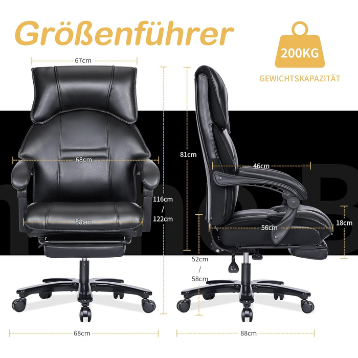 Ергономічне офісне крісло, вантажопідйомність 180 кг, робоче крісло з підставкою для ніг, обертове крісло зі штучної шкіри, комп&39ютерне крісло з підставкою для ніг для домашнього офісу та офісу, насичено-чорне з підставкою для ніг