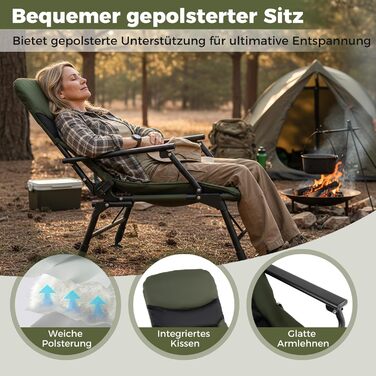 Складане рибальське крісло COSTWAY, регульоване по висоті кемпінгове крісло з регульованою спинкою, крісло для лову коропа з підлокітниками та великими ніжками, портативне рибальське крісло для кемпінгу, риболовля в наметі