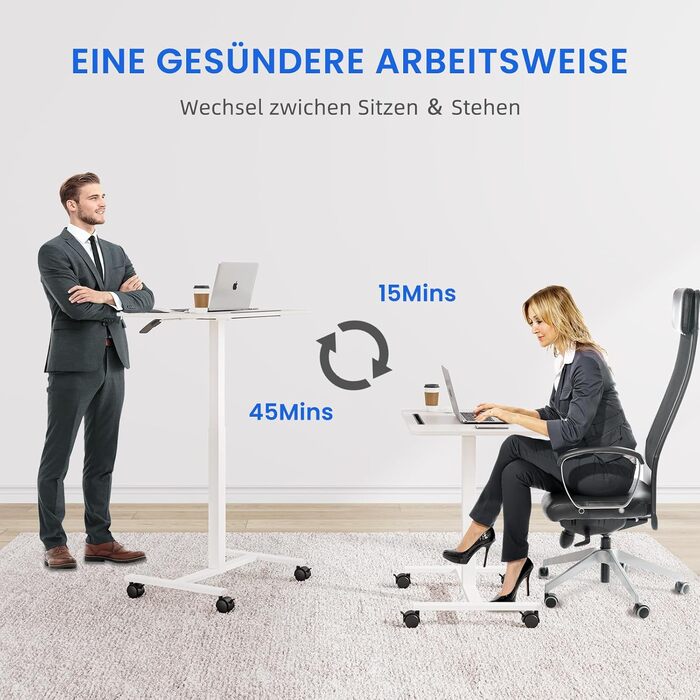 Комп&39ютерний стіл Dripex з регульованою висотою та коліщатками, невеликий стіл, мобільний стіл для роботи стоячи, тумбочка біля ліжка, бічний столик для вітальні, комп&39ютерний стіл для роботи сидячи та стоячи, білий, 48 x 72 x 112 см