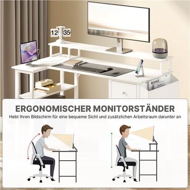 Г-подібний стіл Yaheetech з розетками, 120 x 68 см, білий, двосторонній ігровий стіл з кріпленням для монітора, 4 шухляди, 2 полиці та 1 сумка для зберігання, кутовий стіл для домашнього офісу