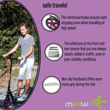 Самокат, 215 мм, ABEC 7, для дітей та дорослих, протестований GS, регульований по висоті, рожевий