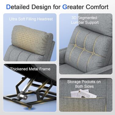 Крісло-відкидка, крісло для телевізора, масажне крісло з підйомником, електричне крісло для вітальні з функцією масажу та підігріву, 2 бічні кишені, крісло-відкидка з функцією відкидання, крісло для телевізора, сірий