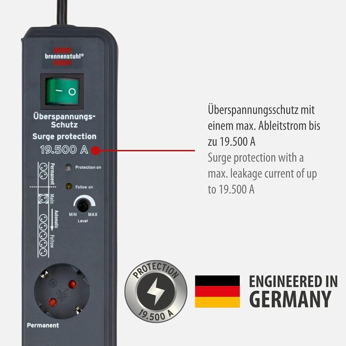Розетка Brennenstuhl Secure-Tec 8-місна з захистом від перенапруги та функцією слідкування (8-місна розетка з кабелем 3 м та вимик