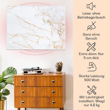 Інфрачервоний обігрівач Klarstein з термостатом, електричний обігрівач потужністю 500 Вт, інфрачервоний обігрівач Smart Home Picture для настінного монтажу, ІЧ з керуванням через додаток IoT/WiFi, плоский радіатор для вологих приміщень, настінний обігріва