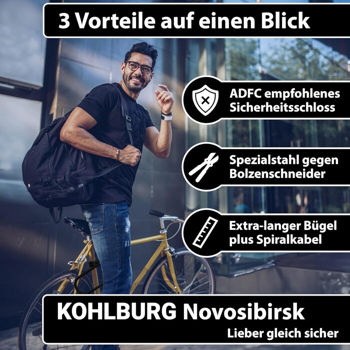 Безпечний U-подібний замок KOHLBURG з найвищим рівнем безпеки 15/15 з кабелем 170 см - великий безпечний U-подібний замок з тримачем для електровелосипедів та велосипедів - високобезпечний велосипедний замок - U Lock Bike