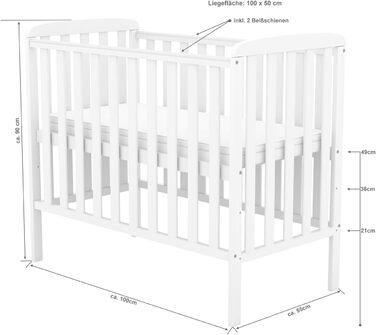 Дитяче ліжко Generic Baby Deluxe 100x50 см Біле з матрацом Дитяче ліжечко-тумбочка з прорізувачами для зубів Масив сосни (компактне дитяче ліжко)