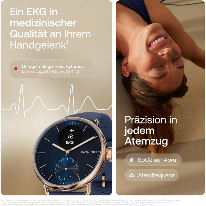 Розумний годинник для чоловіків та жінок, ЕКГ, SpO2, температура, відстеження сну, здоров&39я дихальних шляхів, водонепроникний, 35 днів автономної роботи, Android та iOS, рожево-золотистий синій ScanWatch 2 38 мм, 2
