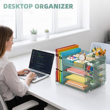 Настільний органайзер Marbrasse з тримачами для файлів, 4-рівневий лоток для листів, відділення, шухляди, підвісний тримач для ручок, сітчастий лоток для паперу для зберігання документів у домашньому офісі (зелений)