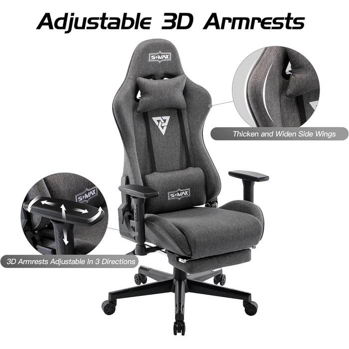 Ігрове крісло S*MAX, тканина, сірий колір з підставкою для ніг, потовщене сидіння, ігрове крісло, 3D підлокітники, крісло для відеоігор з високою спинкою, ергономічне ігрове крісло для дорослих, стандартне сіре