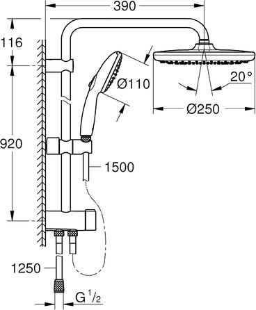 Душовий набір GROHE Vitalio 250 без змішувача, водозаощадний (8 л/хв), лійка з 2 режимами струменя, штанга 104 см, круглий, хром, 26989001