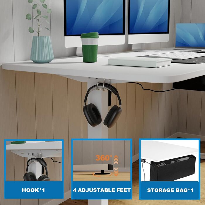 Електрично регульований по висоті стіл, 160 x 80 см, комп&39ютерний стіл з функцією пам&39яті, ергономічний стіл для роботи стоячи, з гачками та сумкою для зберігання, офісний стіл, білий 160 x 80 см