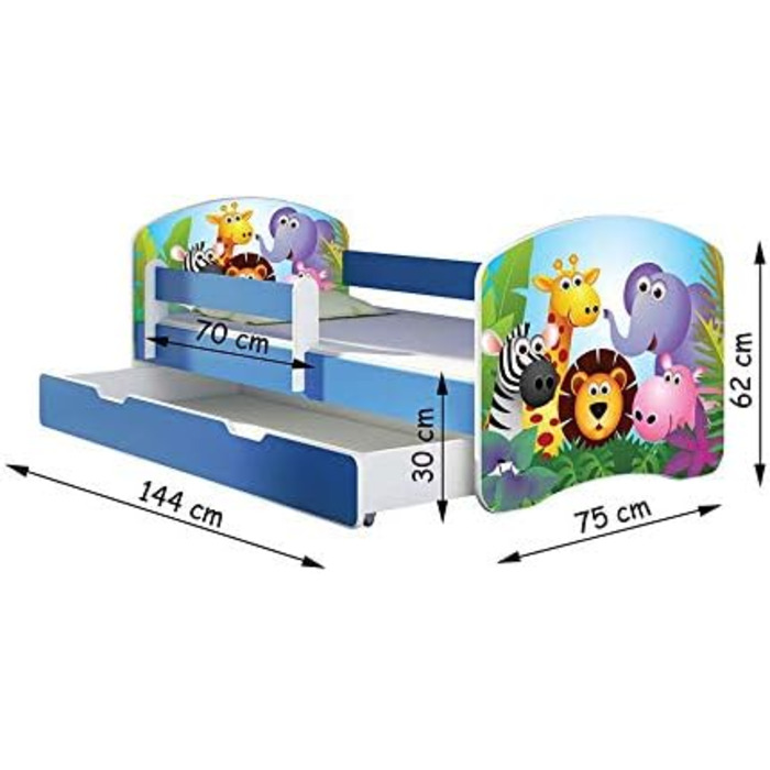 Дитяче ліжко ACMA молодіжне ліжко з однією шухлядою та матрацом синього кольору із захистом від випадіння рейкова рама II 140x70 1