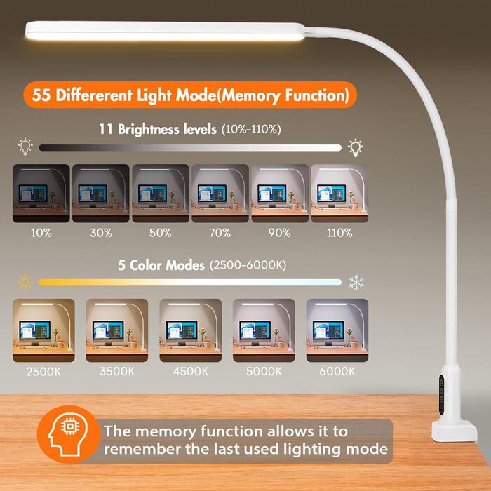 Настільна лампа BIENSER Світлодіодна затискна, настільна лампа з затискачем - гнучка гусяча шия, офісна лампа Робоче світло Architect's Lamp, 11 рівнів яскравості x 5 кольорів Захист очей з можливістю затемнення, функція пам'яті Білий
