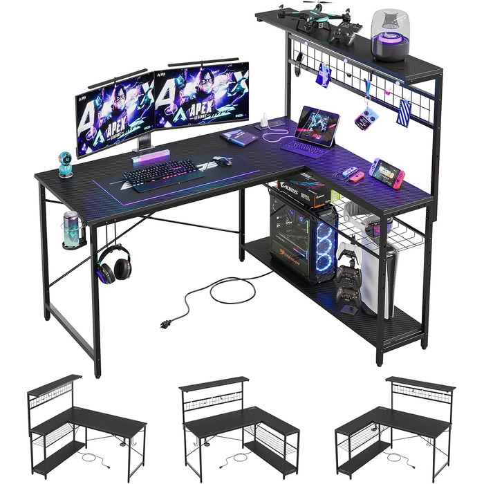Геймерський стіл Bestier 130 см L-подібний, двосторонній кутовий стіл з розетками, світлодіодним підсвічуванням, 4 полицями, гачками та підставкою для чашок, ідеально підходить для домашнього офісу та ігор, 130 см з вуглецевого волокна, чорний