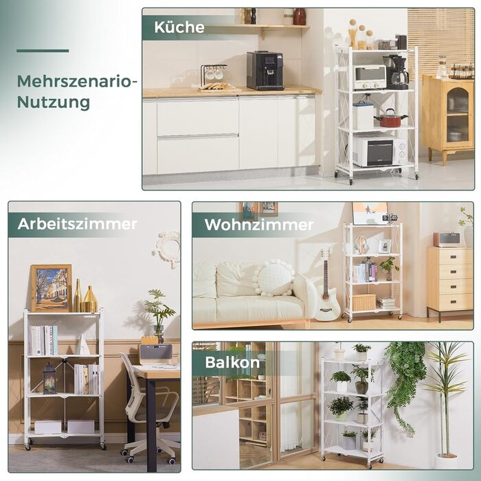 Складана полиця DEANIC, 4-рівнева книжкова полиця, кухонні полиці на колесах, металева полиця для вітальні, комора (61 x 116 x 28 см, білий) білий 4 яруси
