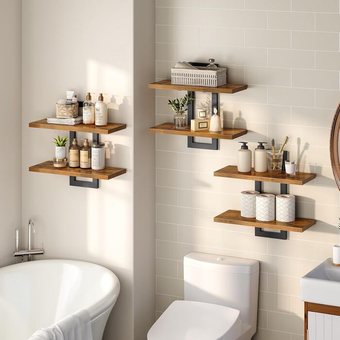 Плаваючі настінні полиці HOOBRO, 2-рівнева настінна дошка, комплект із 3 плаваючих полиць, підвісні полиці для ванної кімнати, настінні полиці 38 см, для вітальні, спальні, кухні, вінтажний коричневий та чорний EBF32BJP301 Вінтажний коричневий, чорний 3