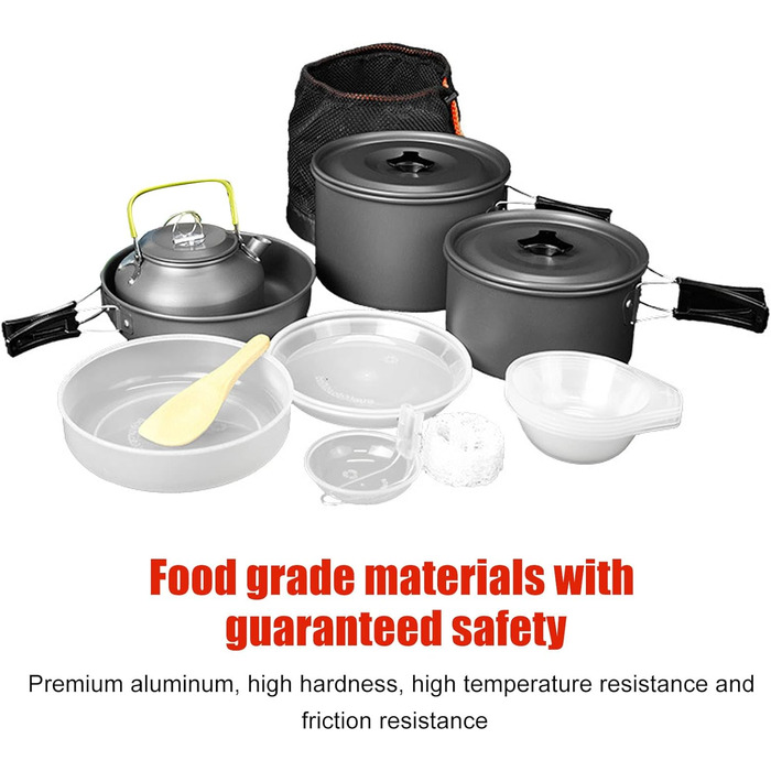 Набір посуду для кемпінгу, портативний, практичний, висока твердість, каструля із захистом від опіків, чайник для пікніків на свіжому повітрі