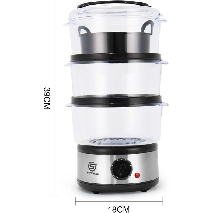Електрична парогенератор SUPERLEX 7,5 л з 3 контейнерами для пароварки та кришкою Можна мити в посудомийній машині, таймер з паровим двигуном на 60 хвилин, автоматичне вимкнення, без бісфенолу А