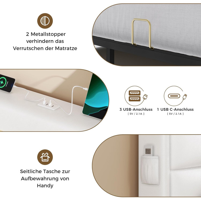 Ліжко 160x200 зі світлодіодним освітленням, Гідравлічне ліжко 160x200 см, М&39яке двоспальне ліжко, Каркас ліжка з місцем для зберігання та рейковою основою, Спальня, ПУ білий 160 x 200 Білий