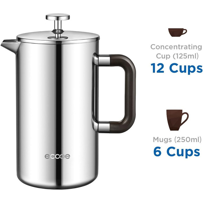 Кавоварка ecooe 1.5 л френч-прес з подвійними стінками 18/10 нержавіюча сталь без іржі з 3 фільтрами 1.5 л великої ємності