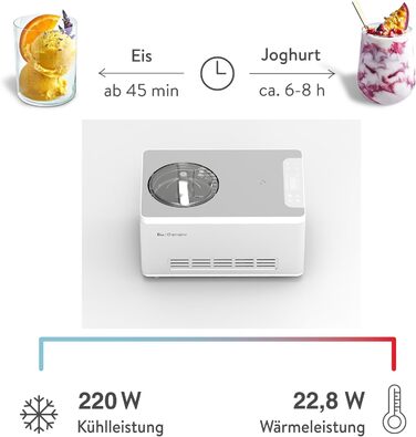 Морожениця та йогуртниця SPRINGLANE Elisa 2.0 л з самоохолоджуючим компресором 220 Вт, машина для морозива з нержавіючої сталі з функцією охолодження та нагрівання, в т.ч. буклет з рецептами Elisa Silver