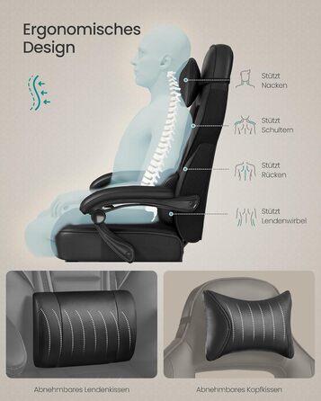 Ігрове крісло SONGMICS, офісне крісло з підставкою для ніг, робоче крісло з підголівником та поперековою опорою, регульована висота, ергономічне, вантажопідйомність до 150 кг, чорний колір OBG073B05 Колір чорнила чорний