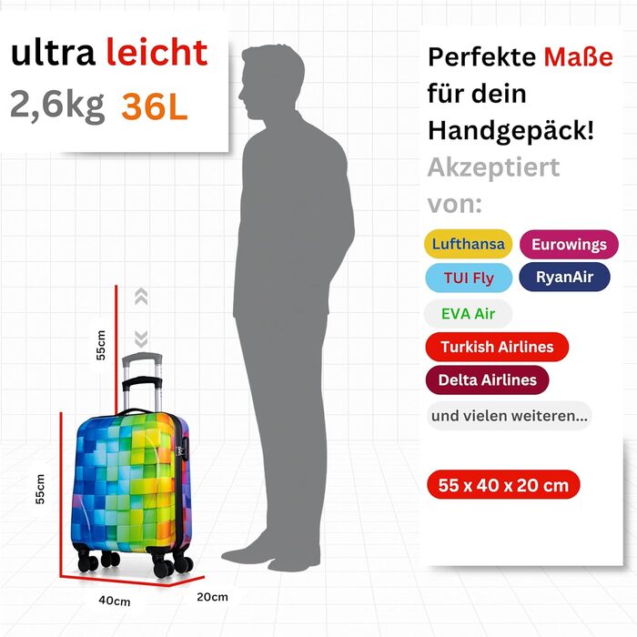 Ручна валіза NOWI 55x40x20 см - підходить для Ryanair, Lufthansa, Eurowings та інших Ручна валіза об&39ємом 36 л з тихими колесами та практичним кодовим замком