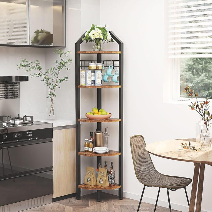 Кутова полиця YMYNY, книжкова полиця з 5 полицями, дротяна сітка, 28x28x180 см, полиця-драбина, полиця для рослин для вітальні, спальні, кухні, балкону, промисловий дизайн, вінтажна HBR006H