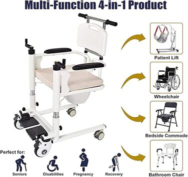 Крісло для перенесення підйому пацієнтів, регульована підйомна ванна Мобільна інвалідна коляска Commode з сидінням для унітазу, крісло для душу з підйомником для перенесення пацієнтів з туалетом для інвалідів