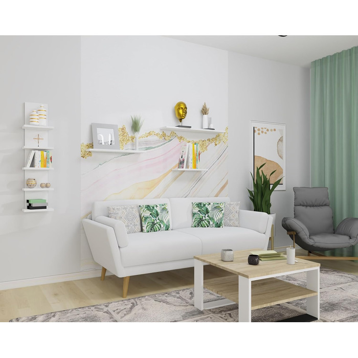 Настінна полиця MARAND, підвісна, 80 см Книжкова полиця з 5 полицями з ламінату матово-білого кольору, сучасна дизайнерська підвісна полиця для вітальні, офісу, коридору або кухні, легке складання, 5 полиць, матово-білий колір