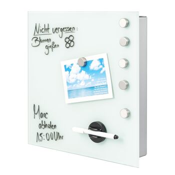 Скринька для ключів Bremermann XL зі скляною передньою частиною, з можливістю запису, 13 гачків, 6 магнітів, 1 маркер, 1 тримач для маркера, металевий корпус, порошкове покриття сірого (білого) кольору