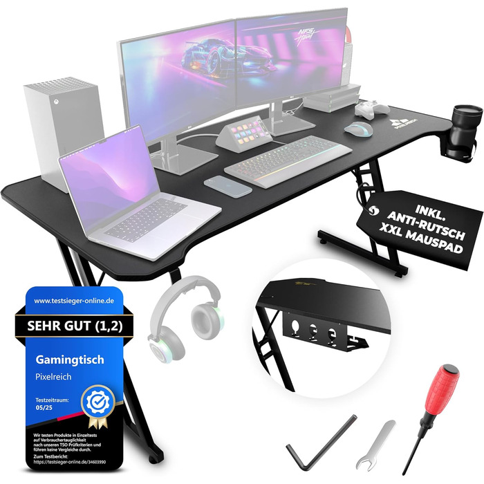 Ігровий стіл 160x70 Стіл з килимком для миші XXL та системою організації кабелів для ПК-геймерів Чорний 160x70x75