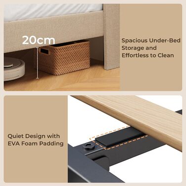 М&39яке ліжко 120x200 см, каркас ліжка з узголів&39ям та рейковою основою, м&39який каркас ліжка, міцне тканинне ліжко для дорослих та підлітків, бежевий 120x200 см