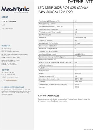 Світлодіодна стрічка Mextronic 12V/24W, 5 метрів, 3528, червоний колір (625-630nm), IP20
