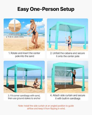 Пляжний намет VEVOR, 2,4 x 2,4 м з бічною стінкою, захист від сонця UPF 50, пляжний павільйон з мішками з піском, регульована по висоті портативна сонцезахисна навіс для родини та друзів, зелений