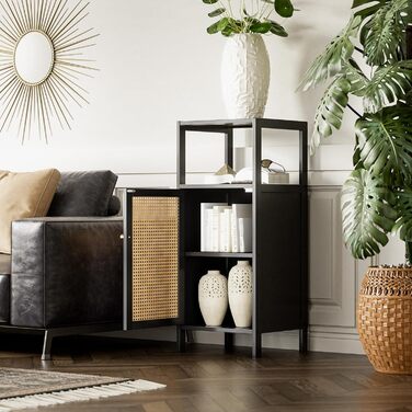 Бамбукова підлогова шафа з ротангом, невелика шафа для зберігання речей у ванній кімнаті з 1 дверцятами та 1 полицею, компактна дерев&39яна кухонна шафа, журнальний столик у передпокій, окремостояча тумба для вітальні (чорна)