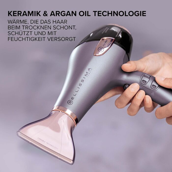 Професійний фен Bellissima Ceramic & Argan Oil керамічне покриття та арганова олія, 2300 Вт, 3 температурні режими, іонізація, холодний обдув, 2 насадки-концентратори та керамічний дифузор