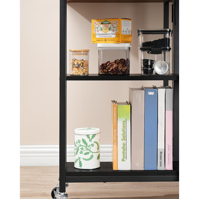 Розкладний обідній стіл, кухонний стіл, мобільний стіл, розкладний стіл з 6 коліщатками, що блокуються, та 2 полицями, для кухні, вітальні, квартири, сільський коричневий та чорний DTCZ01BF Рустикальний коричневий, чорний