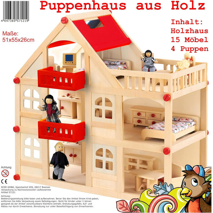 Дерев&39яний ляльковий будиночок для ляльок, кімната для ляльок з 3 поверхами, 4 ляльки та 15 предметами меблів, ручка для перенесення 555x26 см