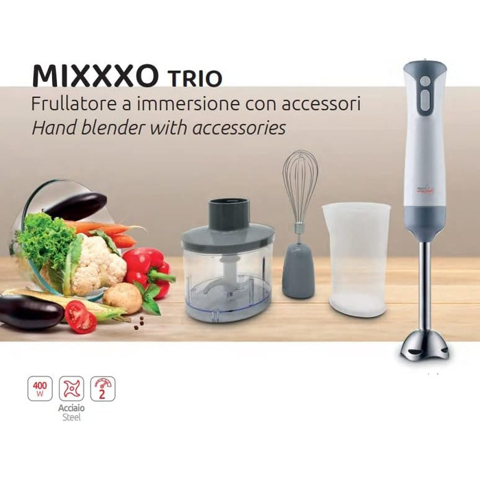 Ручний блендер, знімна сталева основа, блендер з 2 швидкостями, сталеві леза, подрібнювач 500 мл, віночок, мірний стакан, 400 Вт