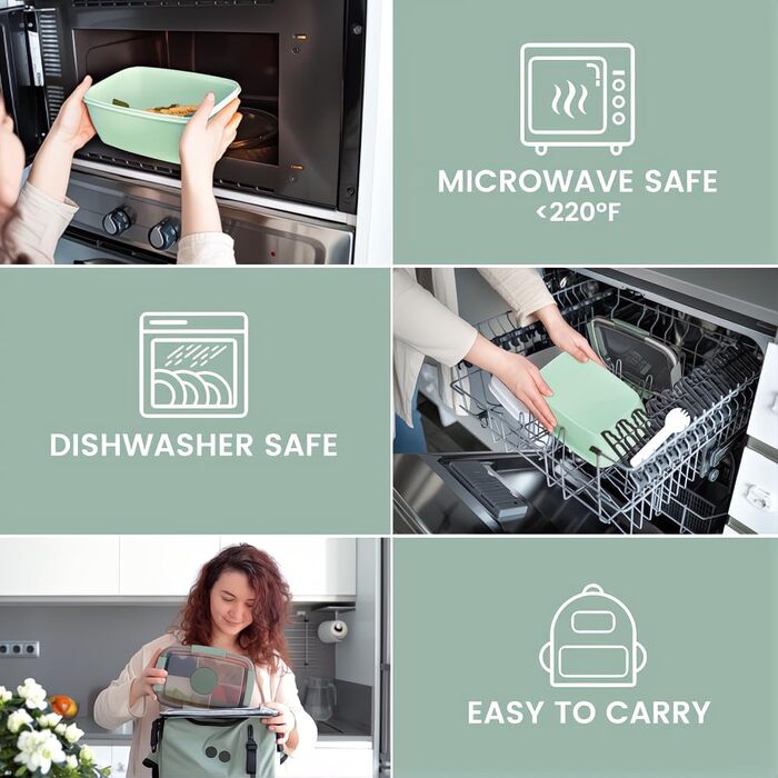 Ланчбокс Bugucat для дорослих 2000 мл, герметичний контейнер для обіду з роздільниками, бento-бокс для дітей, контейнер для салату з виделкою, для школи, офісу, темно-зелений 2000 мл