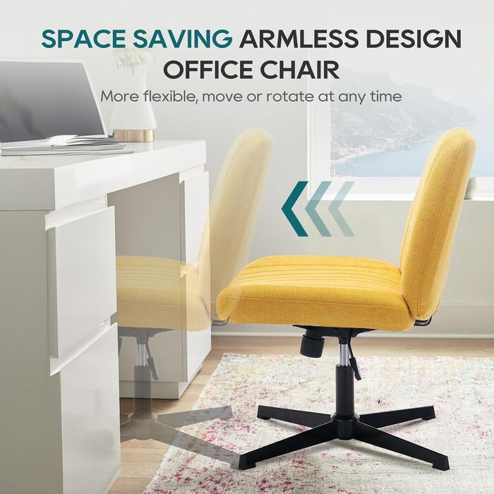 Широке офісне крісло COLAMY, м&39яке офісне крісло без підлокітників, поворотне крісло для домашнього офісу, функція гойдання 115, ергономічне комп&39ютерне крісло для домашнього офісу, макіяжу, ігор (хрестова основа, жовтий)