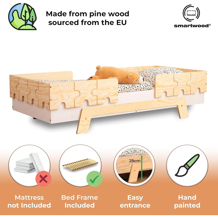 Дитяче ліжко SMARTWOOD з рейковою рамою та захистом від випадіння Puzzle BR2 Montessori односпальне для хлопчиків та дівчаток - Лі