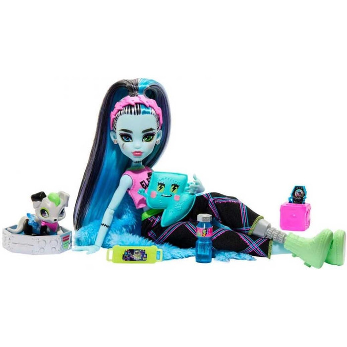 Лялька MONSTER HIGH та аксесуари для ночівлі, лялька Френкі Штайн з собакою Вотзі, вечірка Creever, піжамний комплект Френкі Штайн HKY68