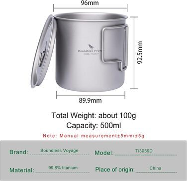 Титанова одношарова чашка для чаю та кави Boundless Voyage, портативний посуд для напоїв на відкритому повітрі, 220 мл, 350 мл, 500 мл (Ti3059D-500ml)